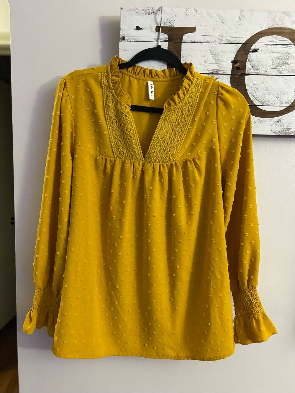 Yellow Swiss Dot V-Neck Peasant Blouse - Women